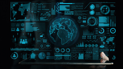 Explore a futuristic digital interface showcasing global communication and data visualization on a...