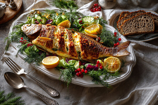 Whole roasted fish served with fresh salad, lemon, dill and berries on an elegant rustic table