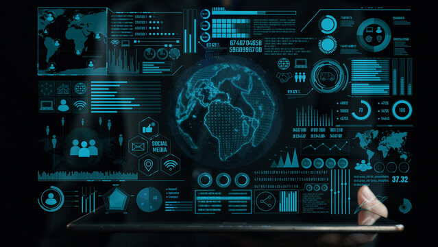 Explore a futuristic digital interface showcasing global communication and data visualization on a tablet, representing insights and trends in technology and analytics. Cipher
