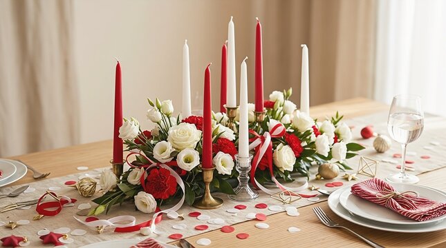 Festive table setting with floral arrangement, confetti, and elegant dinnerware. Red and white theme