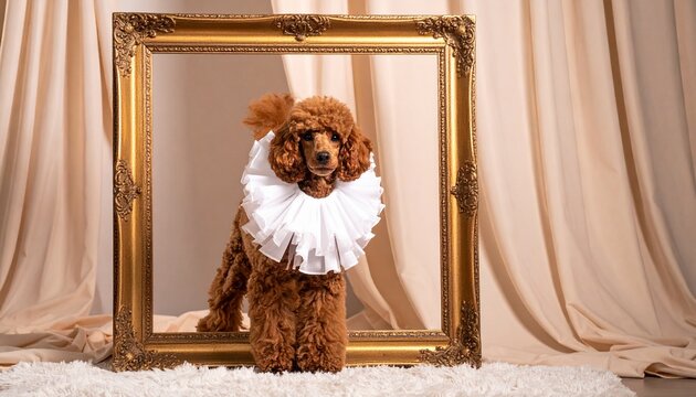 Elegant red toy poodle wearing renaissance white ruff collar standing inside antique gold picture frame with renaissance