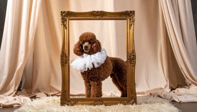 Artistic portrait of red poodle in elizabethan ruffle collar posed behind ornate gold frame with renaissance, portrait