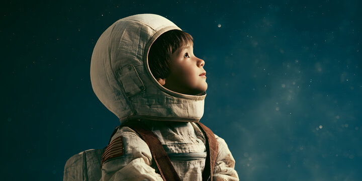 A boy in a spaceman costume gazes up at the night sky, dreaming of space exploration. A joyful child imagines a bright future