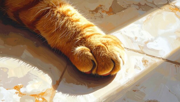 Close up of a ginger cat paw on tiled floor.