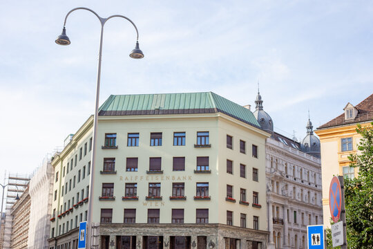 Building of Raiffeisenbank Wien at Michaelerplatz in Vienna with a Classic Street Lantern in Front. Vienna, Austria - June 21, 2026