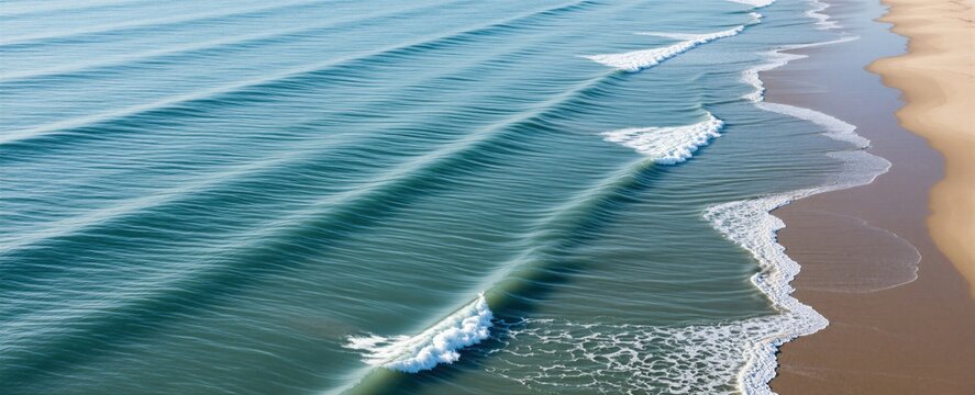 Aerial top view of blue ocean waves rolling onto sandy coastline. Calm water surface shows rhythmic patterns. Tropical beach shore with sea tide coming in gentle motion. Serene natural environment
