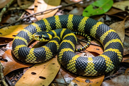 Banded krait snake rests on forest ground with wet brown leaves. Venomous reptile with black, yellow scales coils in nature habitat. Dangerous predator hides in foliage after rain shower. Wild