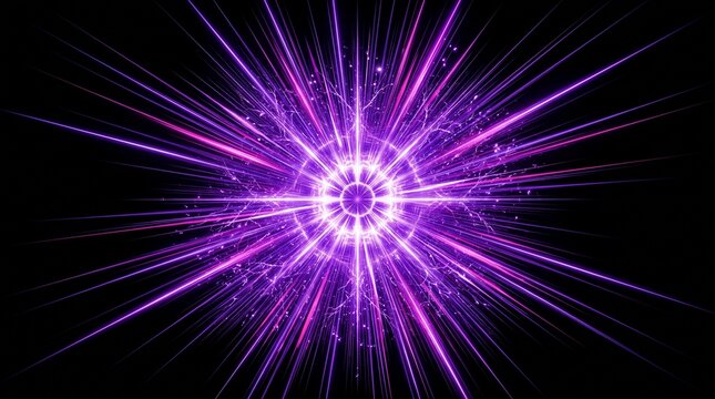 Abstract purple electric light speed burst effect with glowing starburst lines cosmic particle explosion radial energy rays hyperdrive background design