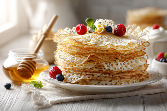 Stack of thin traditional Russian pancakes served with fresh berries, mint and honey in a cozy breakfast setting