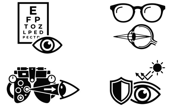 Set of four eye care and ophthalmology icons featuring vision tests spectacles optical health protection symbols optometry ophthalmology spectacles protection