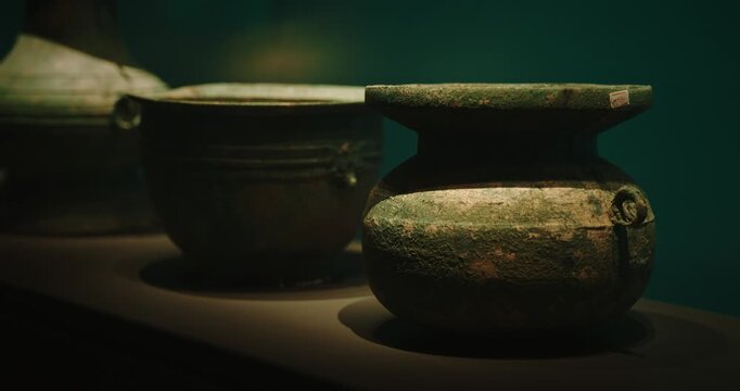Chengdu, Sichuan, China. Bronze Kettle. Ancient Bronze Kitchen Utensils. Chinese Copperware. Of Three Kingdoms Period. Wuhou Memorial Temple