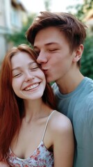 Fototapeta premium Young couple shares a sweet, intimate moment outdoors
