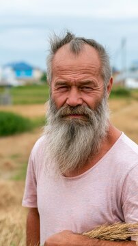 Old man with long gray beard stands in field