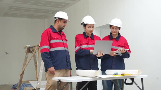 Construction inspectors and engineer discussing project details at an unfinished building site, teamwork, communication, safety compliance, site supervision, safety, construction project management.