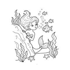 Obraz premium Cute cartoon mermaid blowing bubbles at fish, with seaweed and starfish, isolated on white background