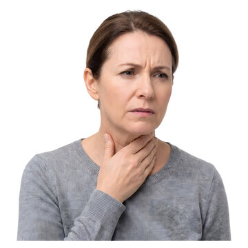 Woman touching throat in pain suffering from sore throat or thyroid inflammation isolated on transparent background