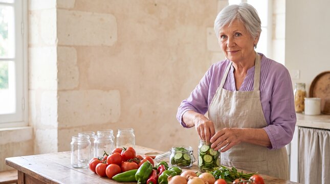 senior woman pickling cucumbers jars preservation kitchen canning homemade vegetables places sliced produce into glass containers in a rustic kitchen showcasing storage and sustainable food habits