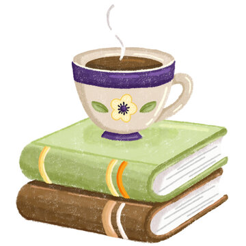 cozy illustration features a hot teacup resting on top of a stack of books
