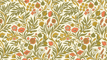 Fototapeta premium Floral vector pattern illustration featuring intricate pomegranate fruit vines with green leaves and delicate coral blossoms arranged in a seamless repeating design suitable for vintage textile backgr