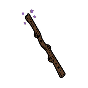 Mystical Wooden Magic Wand with Runic Symbols and Purple Stars