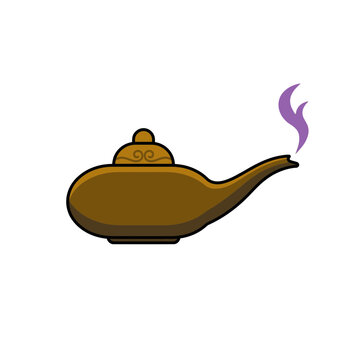 Antique Magic Oil Lamp Illustration with Purple Smoke on White