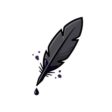 Black Feather Quill Pen with Ink Droplets Illustration
