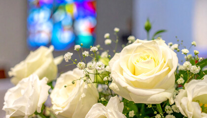 Fototapeta premium ステンドグラスの光に包まれる幻想的なチャペルのウエディング背景 Elegant wedding chapel background with stained glass light and white floral decorations