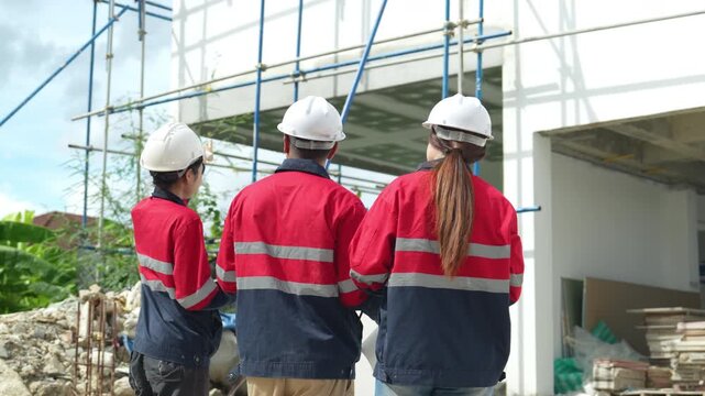 Construction inspectors and engineer discussing project details at an unfinished building site, teamwork, communication, safety compliance, site supervision, safety, construction project management.