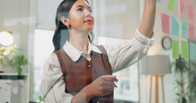Woman, business and thinking with sticky note in office for schedule planning, ideas or agenda. Thoughtful, female person or planner with reminder on glass window for brainstorming tasks in workplace