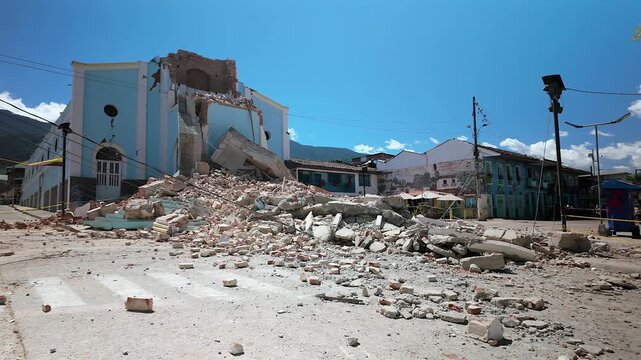 colombia earthquake disaster street view with collapsed church rubble