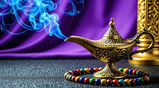Ornate golden magic lamp emits blue smoke on black surface. Ancient arabian vessel with intricate metal patterns sits near colorful prayer beads. Fantasy object glows against deep purple fabric