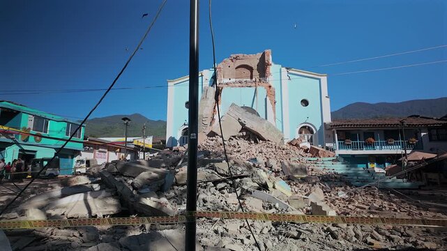 collapsed church building after earthquake disaster in colombia