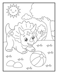 Cartoon Triceratops Playing with a Ball Coloring Book Page for Kids. Easy Printable Dinosaur Activity. © laky