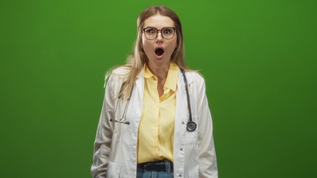 Woman doctor wearing white coat and stethoscope, mouth open in visible gasp in a studio; surprise concern.