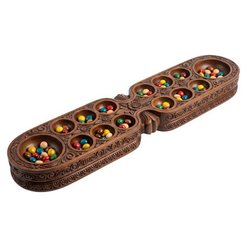 Carved Wooden Congkak Mancala Board Game with Colorful Shells Isolated on Transparent Background