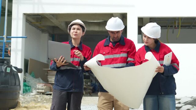 Construction inspectors and engineer discussing project details at an unfinished building site, teamwork, communication, safety compliance, site supervision, safety, construction project management.