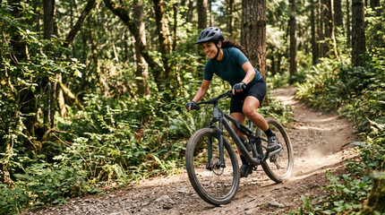 Fototapeta premium Woman mountain biking on a dirt trail through a lush green forest