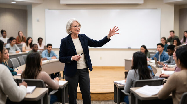 Professor teaching students in a university lecture hall with a whiteboard