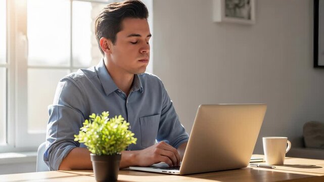 Focused young man typing on a laptop at a wooden desk. Professional remote employee working and reading the screen in a bright home office. Productivity and telecommuting concept