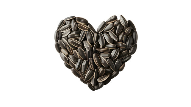 Sunflower seeds arranged into a large heart shape showing organic textures isolated on transparent background