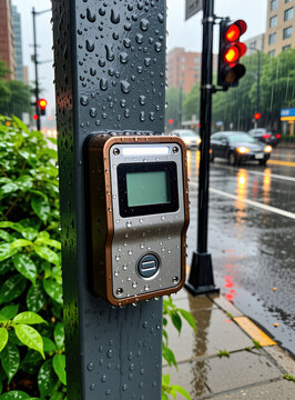 Modern badge reader terminal mounted on metal pole outdoors during rain shower. Device surface covered in water droplets with wet screen. Electronic entry control system for security access at urban