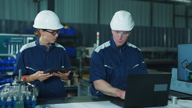 Male and female industrial specialists analyzing laptop data in workshop