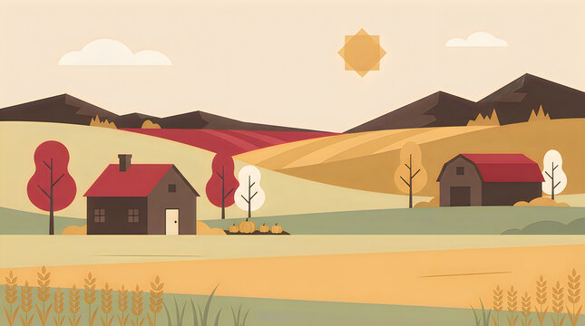 Flat vector illustration of a peaceful rural farm landscape with barns mountains and golden fields at sunset