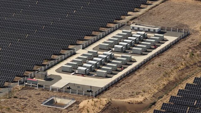 Aerial View of Utility-Scale Solar Farm with Battery Energy Storage System in Arid Desert