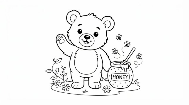 Cute teddy bear coloring page, cartoon bear with honey pot and bees, black and white outline illustration for kids activity