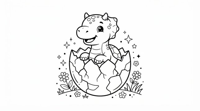 Cute baby dinosaur hatching from egg coloring page, cartoon triceratops line art for kids, prehistoric animal drawing with flowers