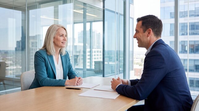 job interview woman candidate recruiter office hiring career professional conversation mature female applicant speaks confidently with a male hiring manager for professional business campaigns