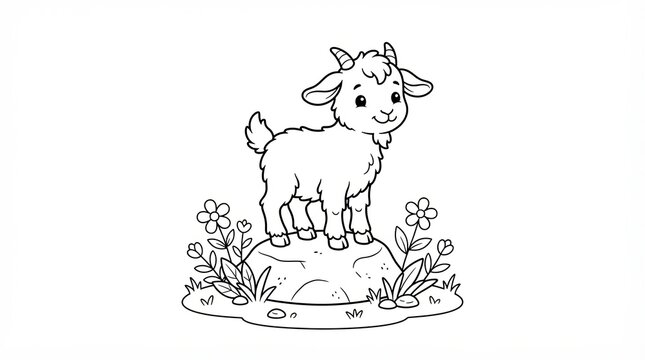 Cute baby goat coloring page, cartoon kid goat standing on a rock with flowers, black and white animal outline for kids
