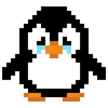 Cute pixel art sad penguin crying with tears, isolated 8-bit vector illustration.