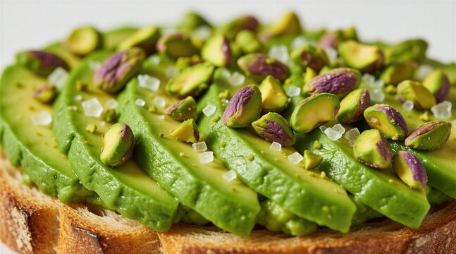 Macro shot of toasted sourdough bread with sliced avocado topping. Green nut pieces, salt crystals garnish gourmet snack. Healthy vegan breakfast meal on white background. Fresh culinary creation for